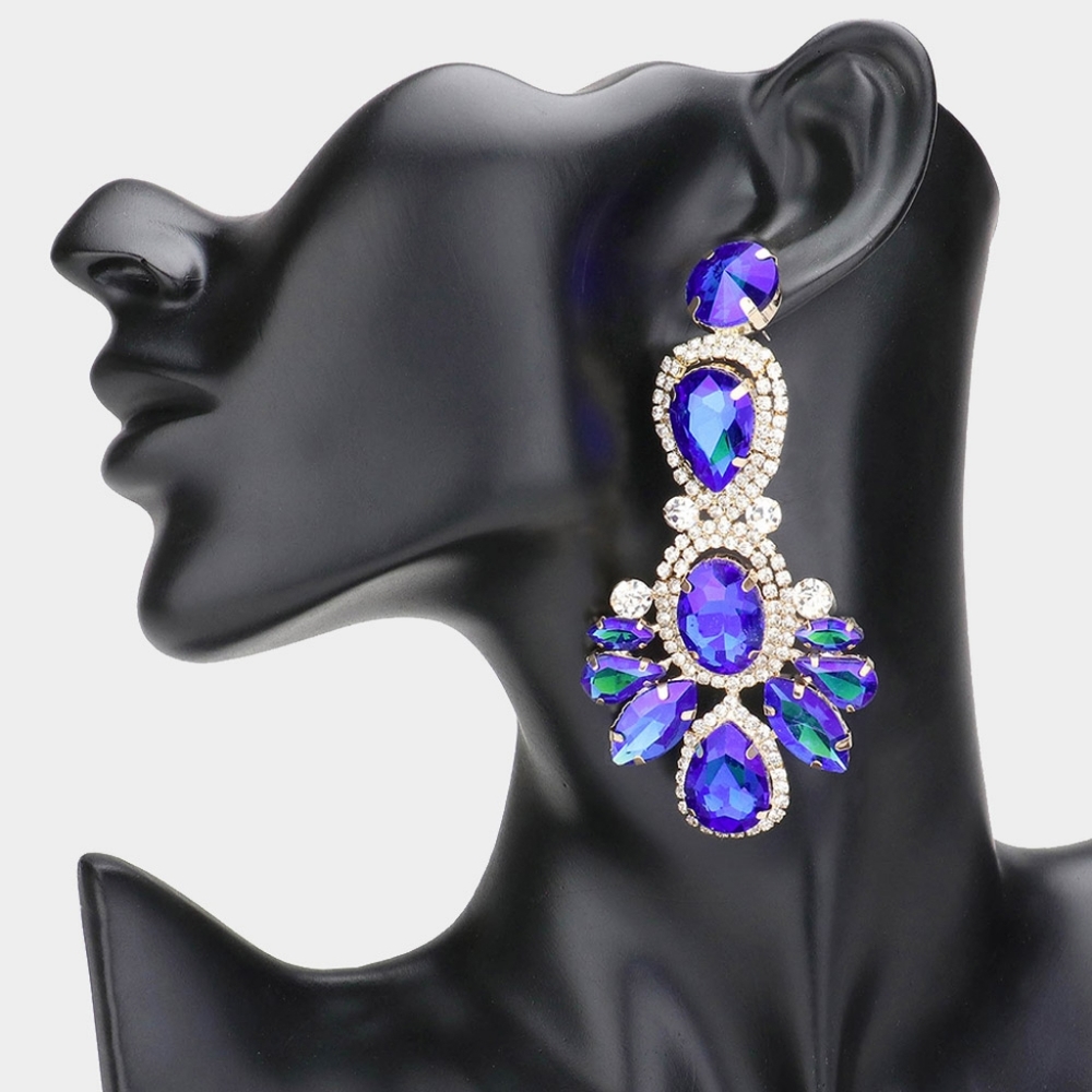 Blue Rhinestone Crystal Dangle Earrings 3.5 Inch Statement Teardrop Evening
